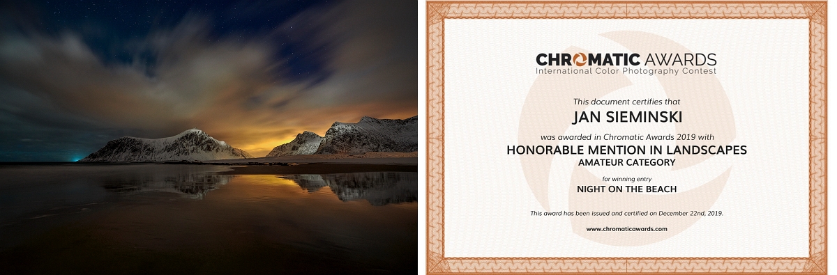 Chromatic Awards 2019 - noc na plazy - wyroznienieA.jpg - "Noc na plazy" Skagsanden ,Norwegia... 22 grudzien 2019 fotografia otrzymala wyroznienie w cyklicznym konkursie CHROMATIC PHOTOGRAPHY AWARDS 2019 w kategorii Landscapehttps://chromaticawards.com/…/chromatic-…/amateur/landscapes