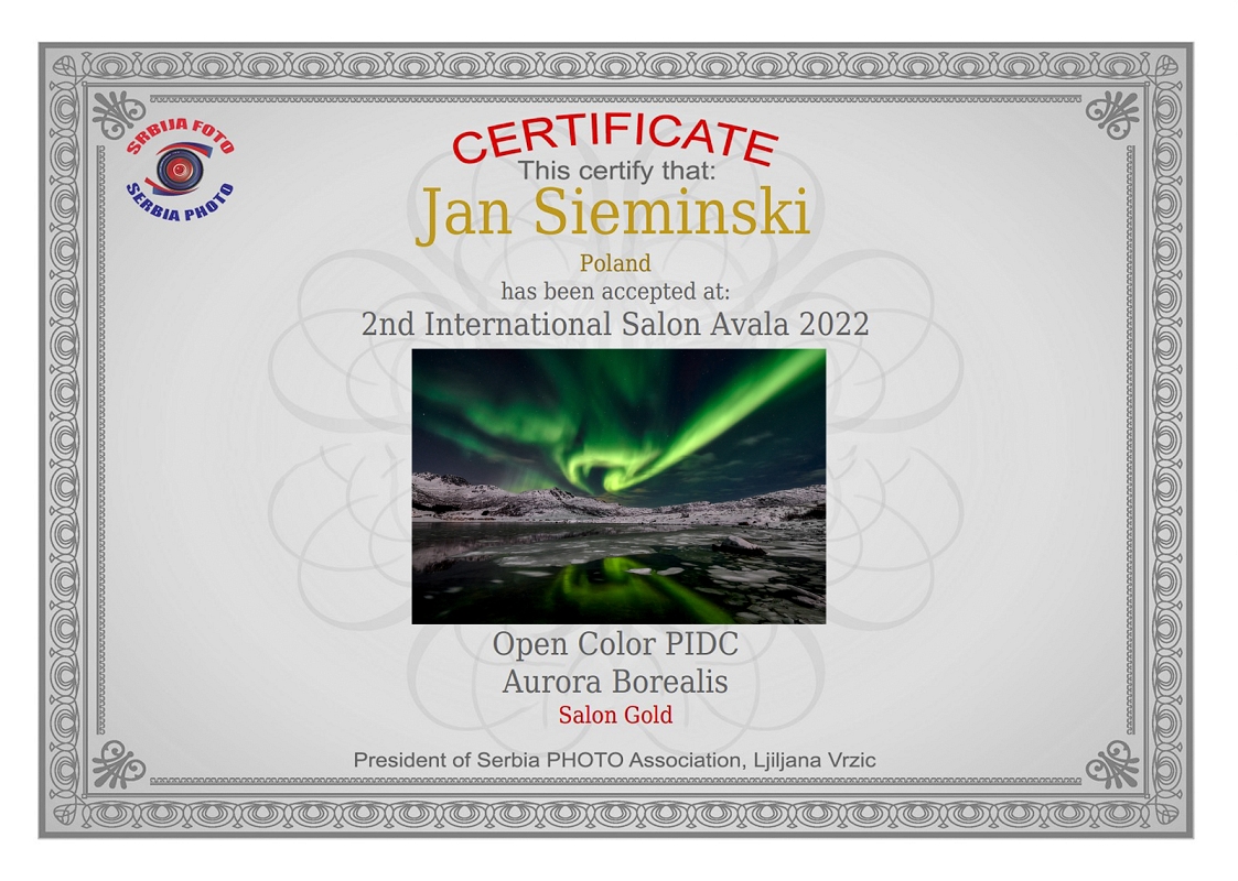 Aurora Borealis Serbia Avala SALON GOLD MEDAL.jpg - :Wrzesien 20222 - Serbia w konkursie 2ND AVALA  2022 fotografia "AURORA BOREALIS" ZDOBYŁA SALON GOLD MEDAL, konkurs pod patronatem Photographic Society Of America