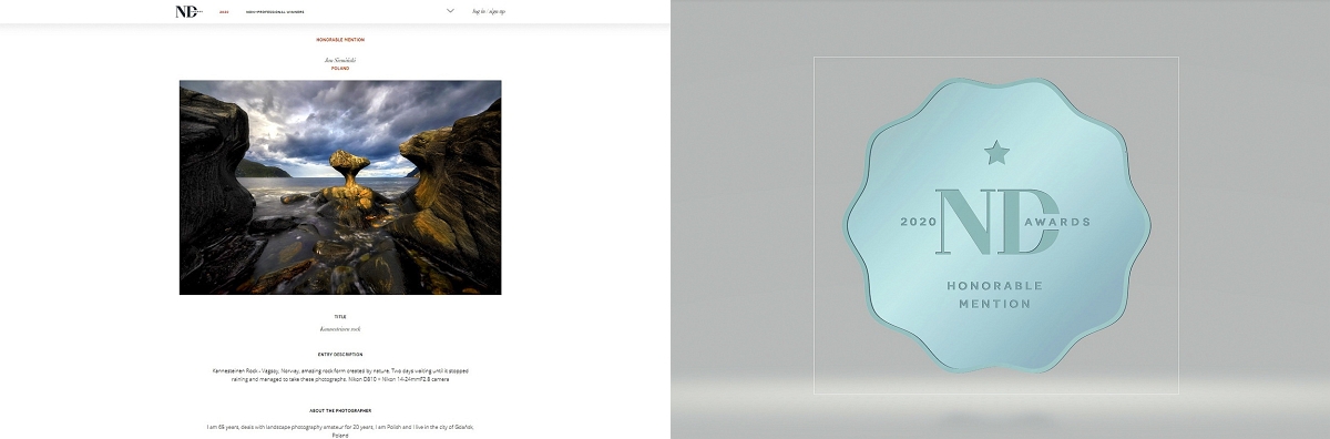 Kannensteinnen Rock ND 2020kk.jpg - Listopad 2020 "Kannesteinen Rock" Norwegia, fotografia otrzymała wyroznienie w konkursie Neutral Density Photography Awards 2020 w kategorii landscape