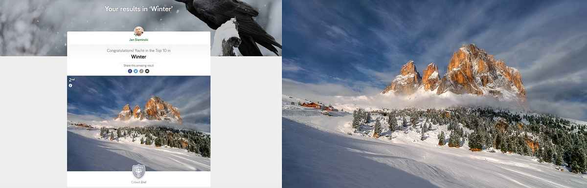 Winter listopad 2020 Photocrowd k kopia.jpg - Listopad 2020 "Sella" Włochy -  fotografia zdobyła II miejsce w konkursie "Winter" pod patronatem angielskiego czasopisma fotograficznego NPhoto, w ktorym to rowniez zostanie opublikowana,  na portalu Photocrowdhttps://www.photocrowd.com/.../winter-4.../crowd-results/Grudzien 2020 fotografia została głosami uzytkownikow portalu Viewbug.com fotografia otrzymała nagrode "Winter Award 2020"